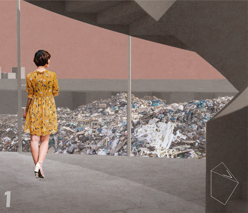 Interior gallery space with glazed wall overlooking a pile of recycled materials, with a visitor standing inside
