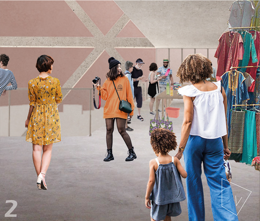 Polished concrete floor and pink geometric wall panels with visitors and clothing racks in the exhibition space