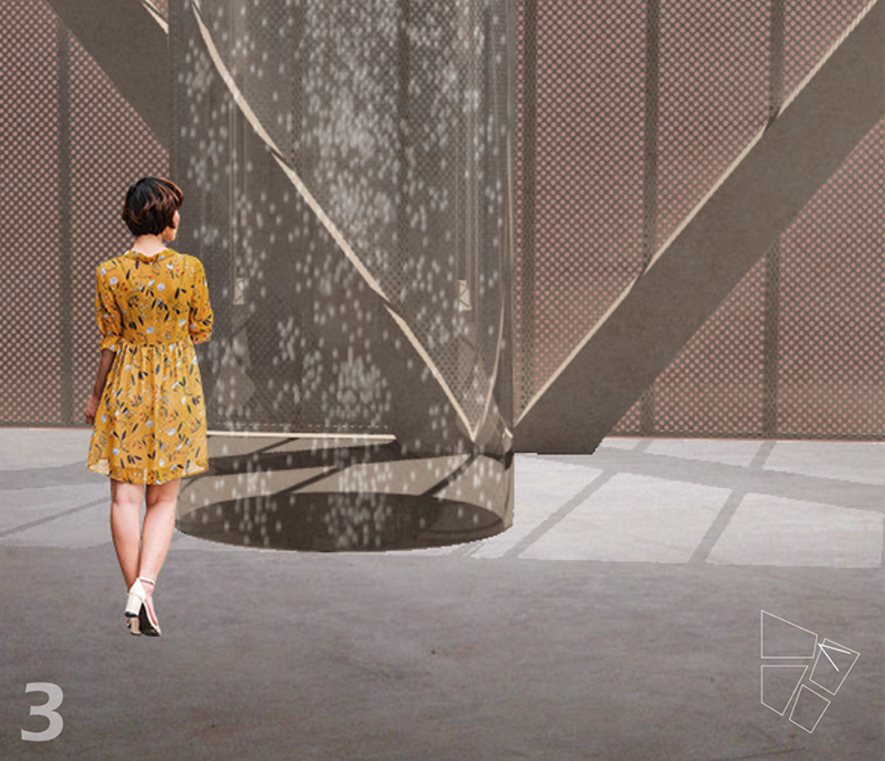 Perforated metal wall panels with diagonal bracing and a circular pool reflecting dappled shadows