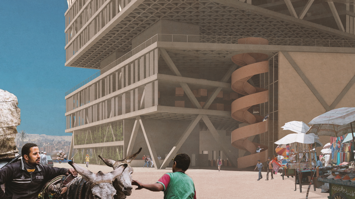 Elevated concrete building with exposed diagonal bracing and market activity with oxen below on a clear day