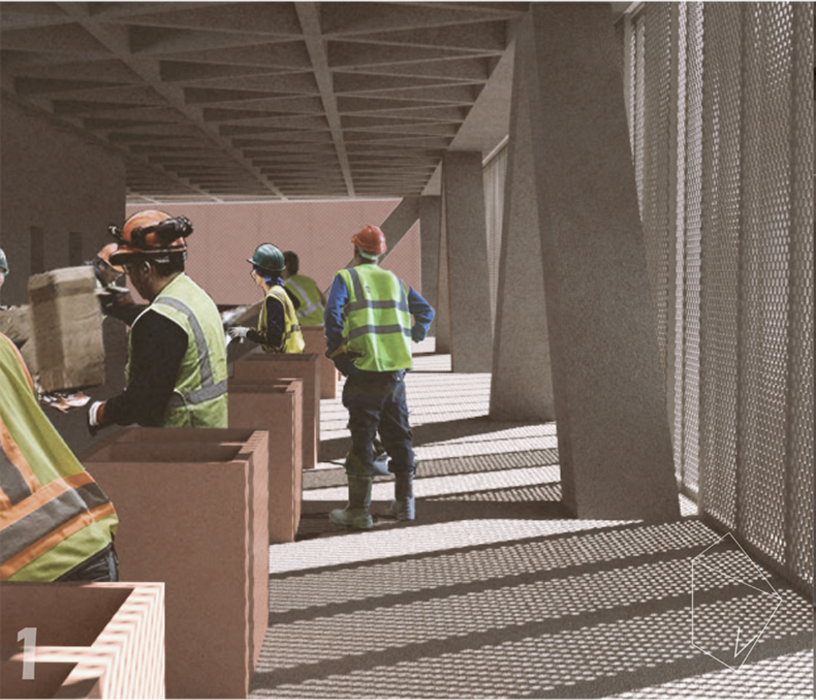 Covered walkway with perforated metal screen and construction workers wearing safety vests under timber beams