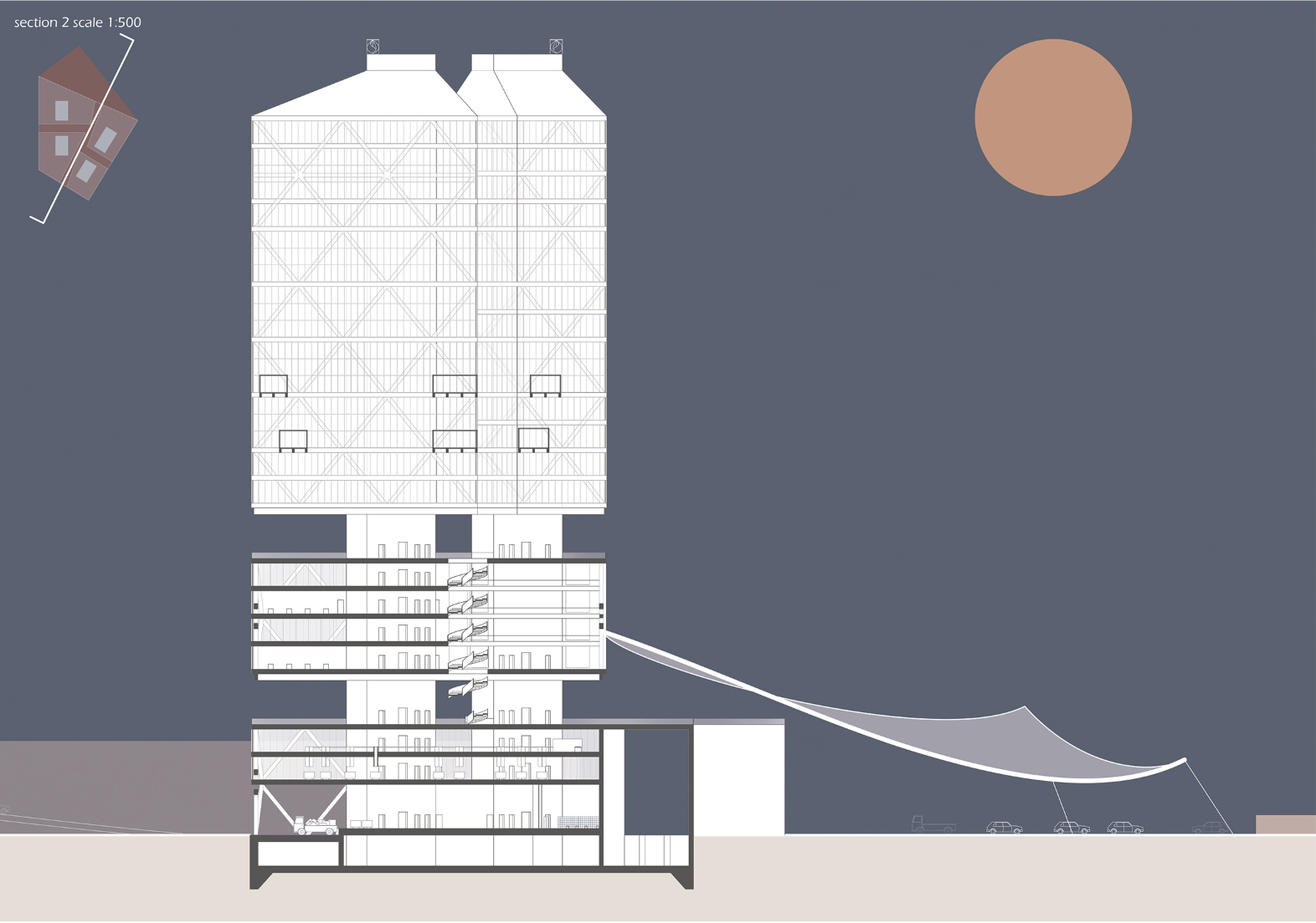 Section drawing showing a tower with diagonal bracing above a podium with an adjacent tensile canopy structure