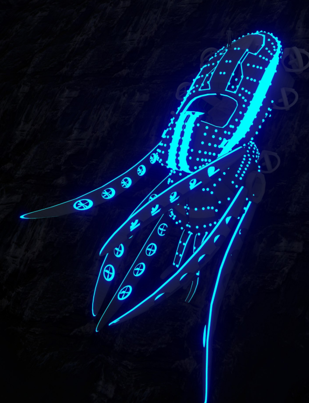 Close-up of illuminated bioluminescent panels on the curved exterior shell at night