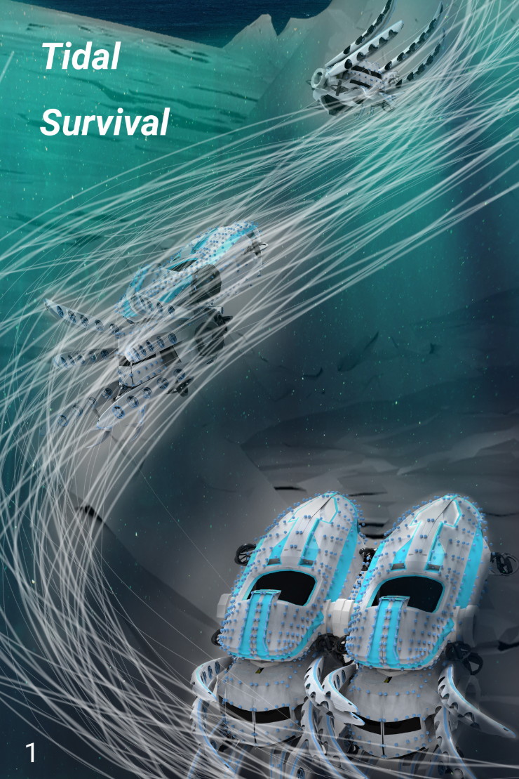 Underwater view of twin pod vessels beneath a transparent ribbed canopy structure