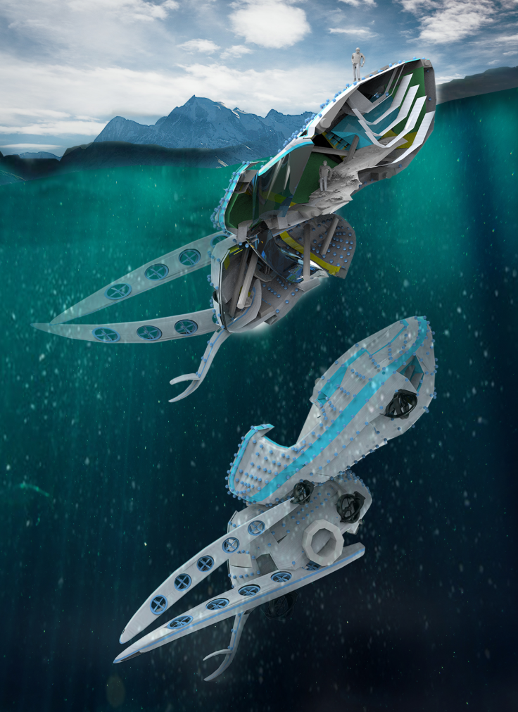 Split view showing amphibious vessels half-submerged in turquoise water with mountains beyond