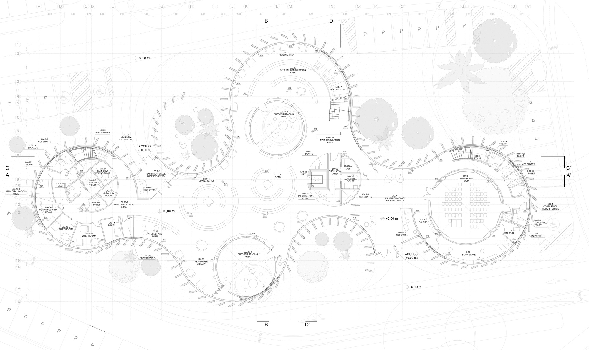 Floor plan drawing showing interconnected circular volumes with radial columns and central courtyards