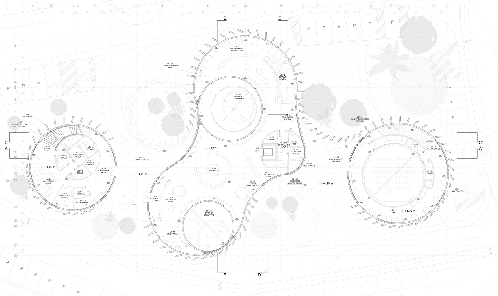 Floor plan drawing showing circular rooms arranged around planted courtyards with radial structure