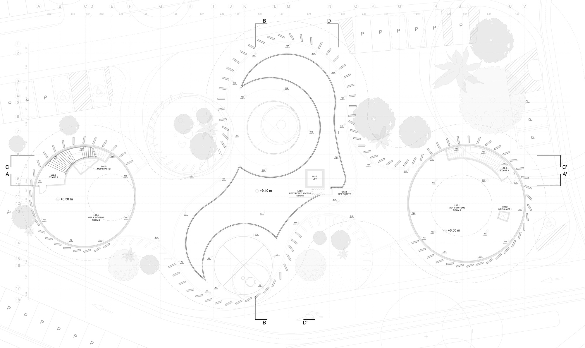 Floor plan drawing showing three circular volumes connected by curved passages among landscaped areas with trees