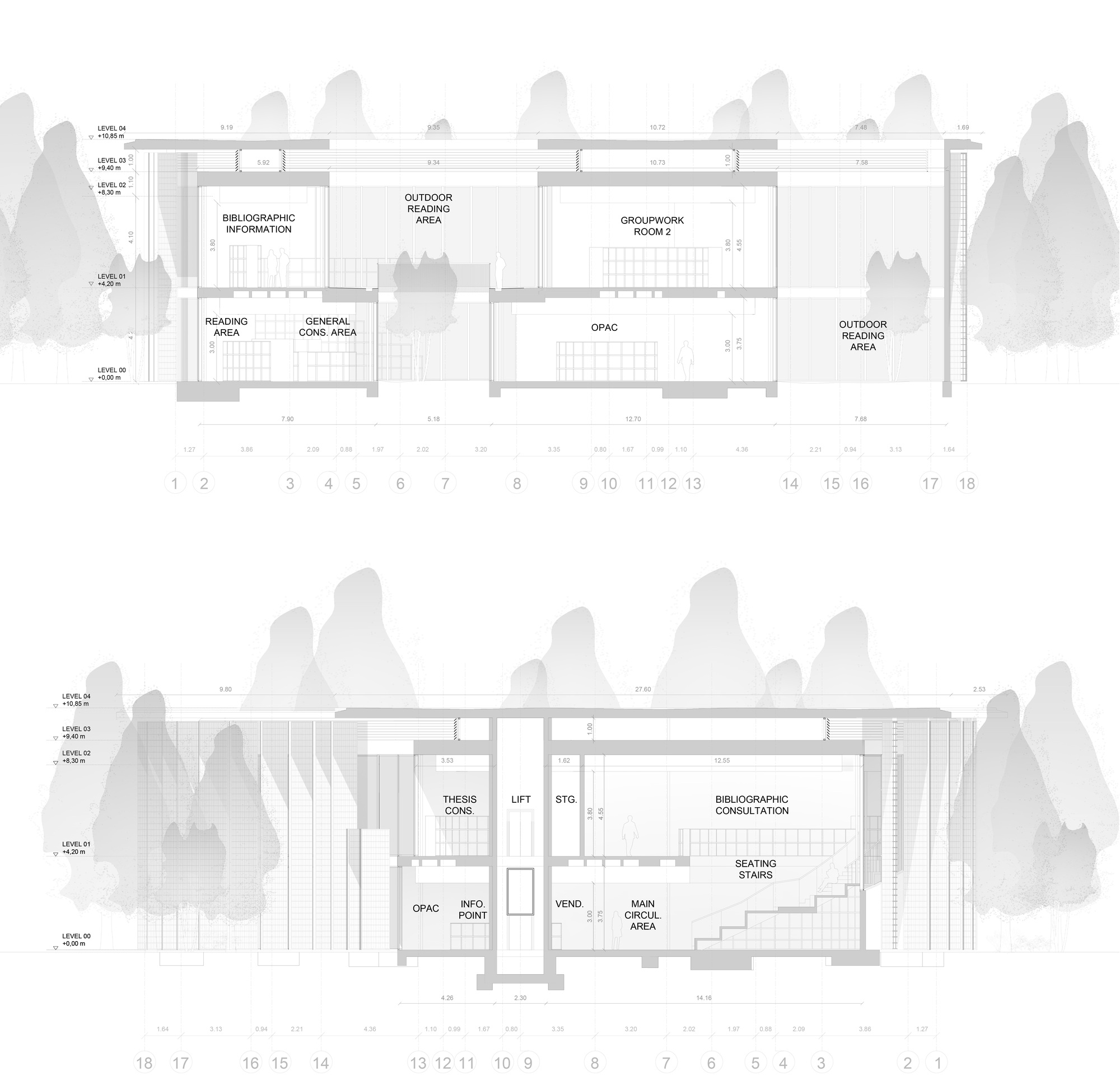Floor plan and section drawings depicting reading areas, groupwork rooms, and bibliographic consultation spaces with exterior tree silhouettes