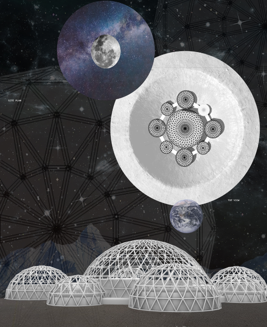 LUNA BASE site plan showing a radial network of interconnected geodesic domes on the lunar surface.
