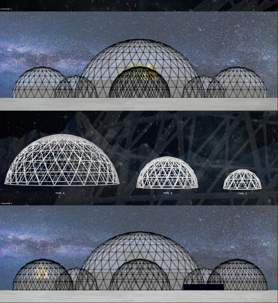 Geodesic dome elevations illustrate three modular sizes forming a unified lunar settlement system.