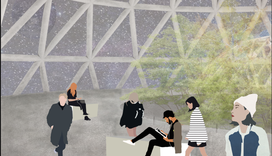 Interior perspective showing social spaces and vegetation beneath the protective geodesic structure.