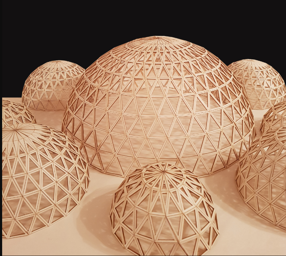 Physical model highlighting the repeated triangular framework and modular dome composition of LUNA BASE.