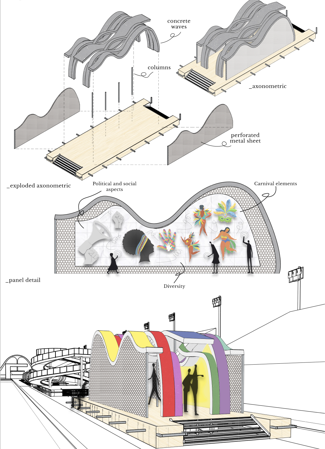 Interactive exhibition float combining wave-like forms, perforated panels, carnival imagery, diversity, and social commentary