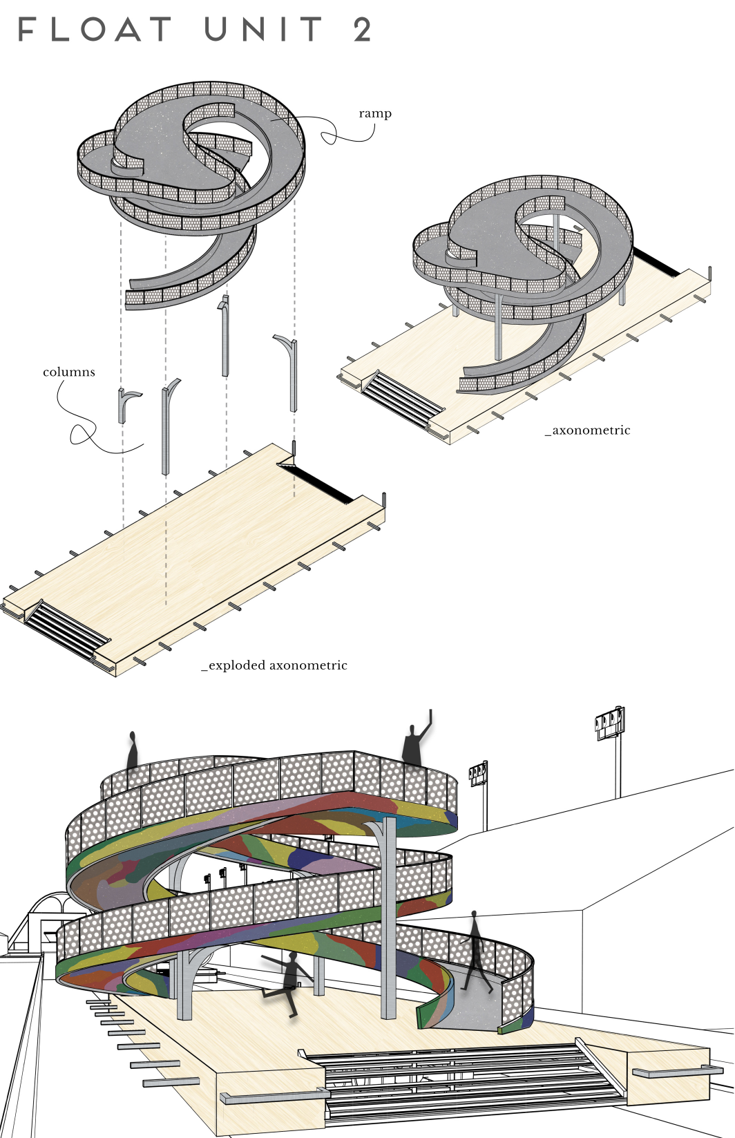 Spiral ramp float creating an elevated, immersive circulation experience inspired by carnival movement and rhythm