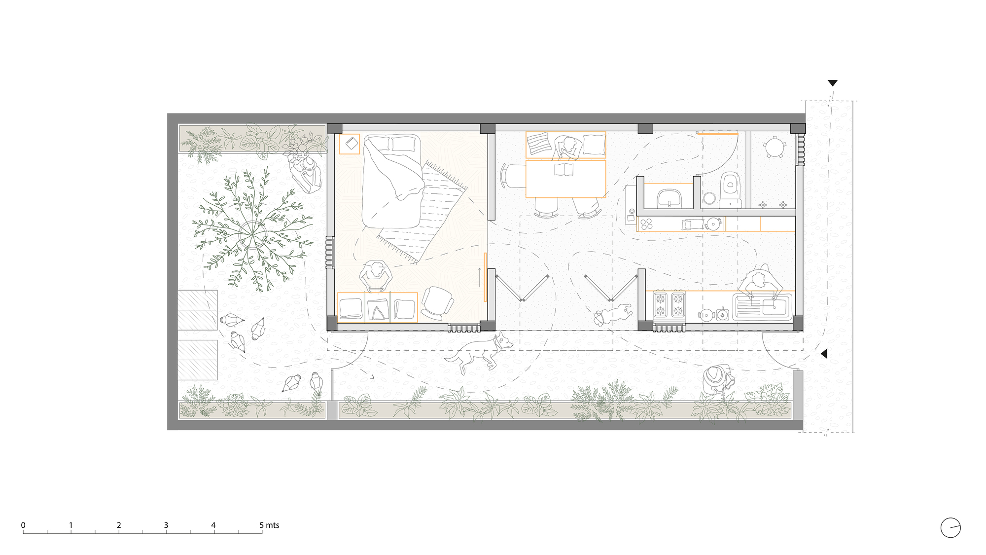 Floor plan drawing showing linear layout with bedroom, living space, kitchen, and bathroom flanking a central courtyard garden
