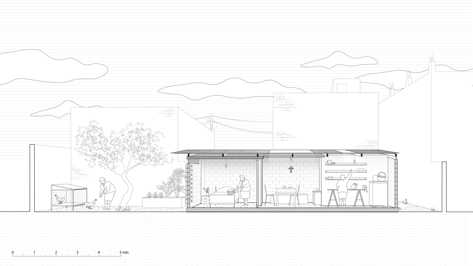 Section drawing showing open-plan interior with living and kitchen zones beneath a low-pitched roof, with figures and trees