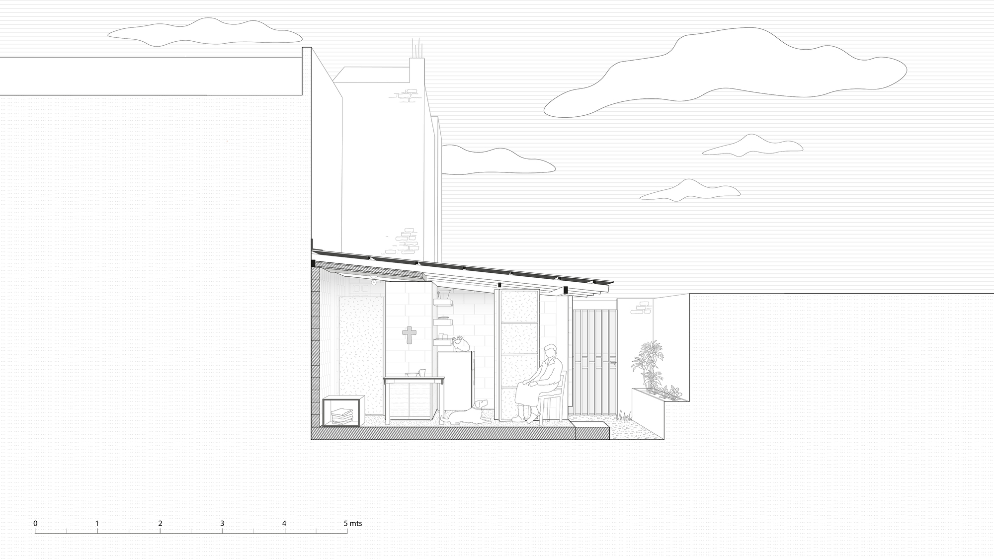 Section drawing revealing bedroom, bathroom, and storage volumes with a seated figure and planted courtyard beyond corrugated screen