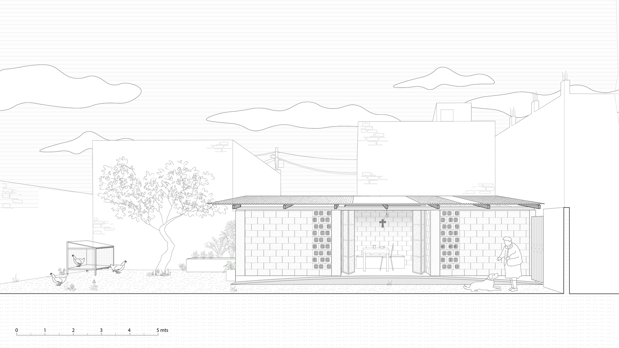 Elevation drawing depicting linear facade with masonry patterns, central entry, low roof overhang, and figures in adjacent landscape