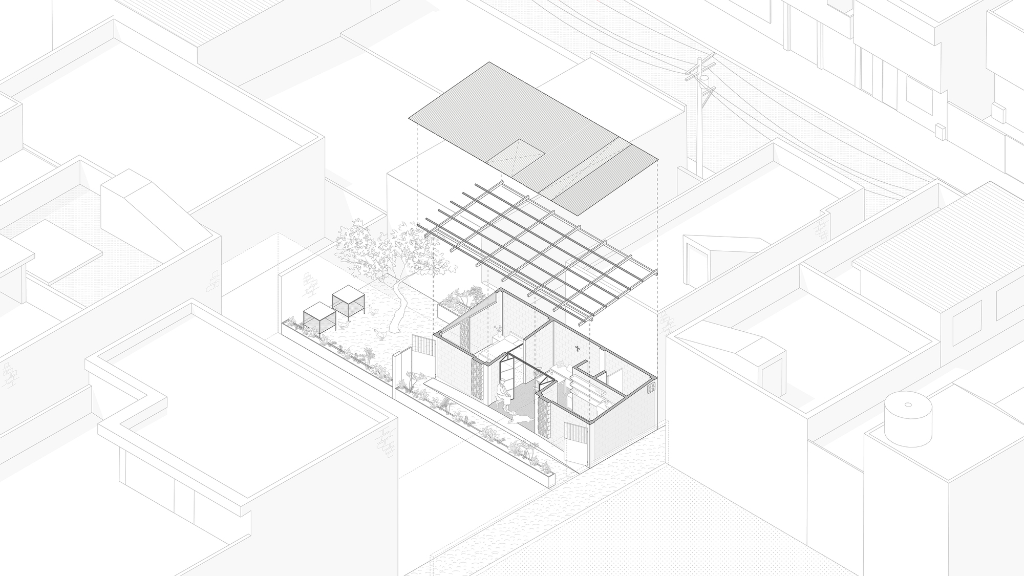 Axonometric drawing showing a residence with slatted roof canopy and interior courtyard with tree
