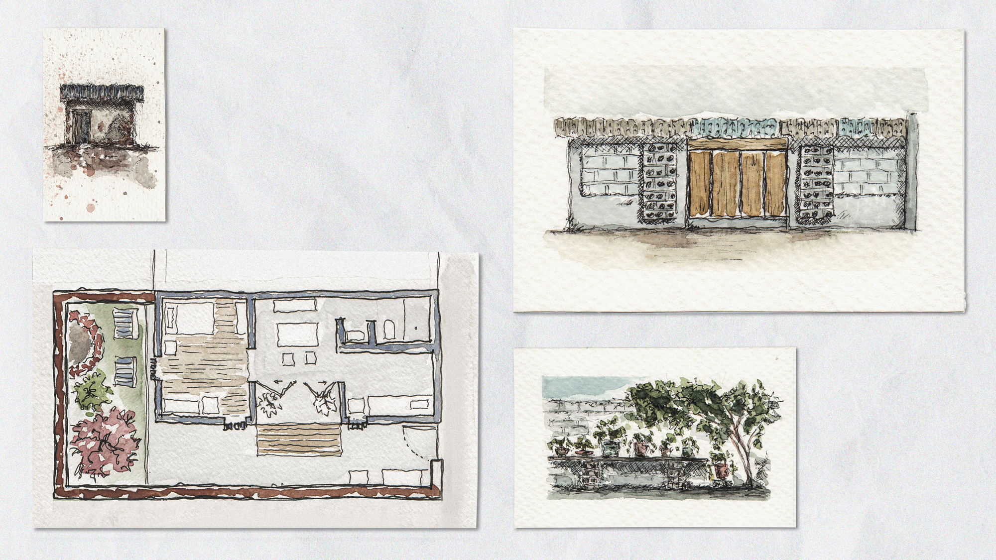 Four watercolor sketches depicting window detail, floor plan, street elevation, and landscape view