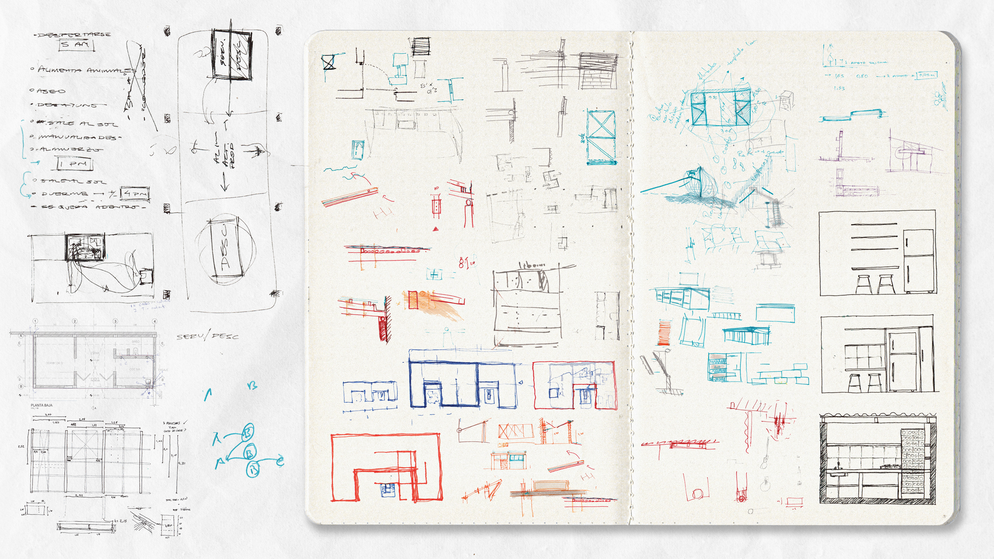 Sketchbook spread filled with colored pencil studies of plans, sections, elevations, and construction details