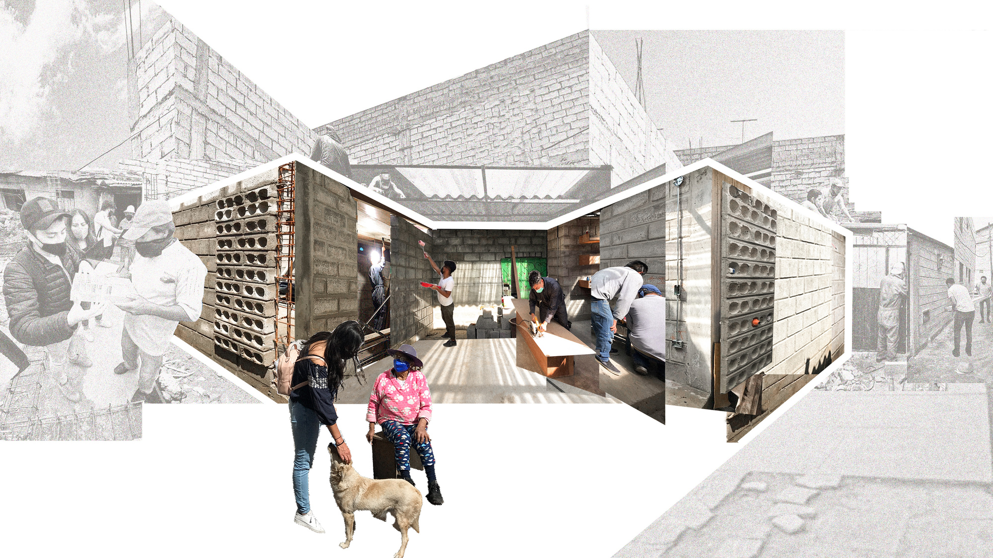 Collage rendering showing concrete block dwelling interior with residents and perforated brick light screens