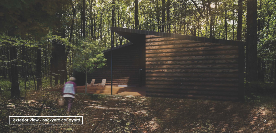The recessed courtyard extends the house into the forest, creating a private threshold between architecture and landscape.