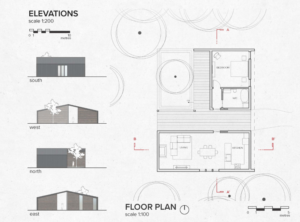 Plans and elevations reveal the house’s compact organization, courtyard void, and restrained architectural form.