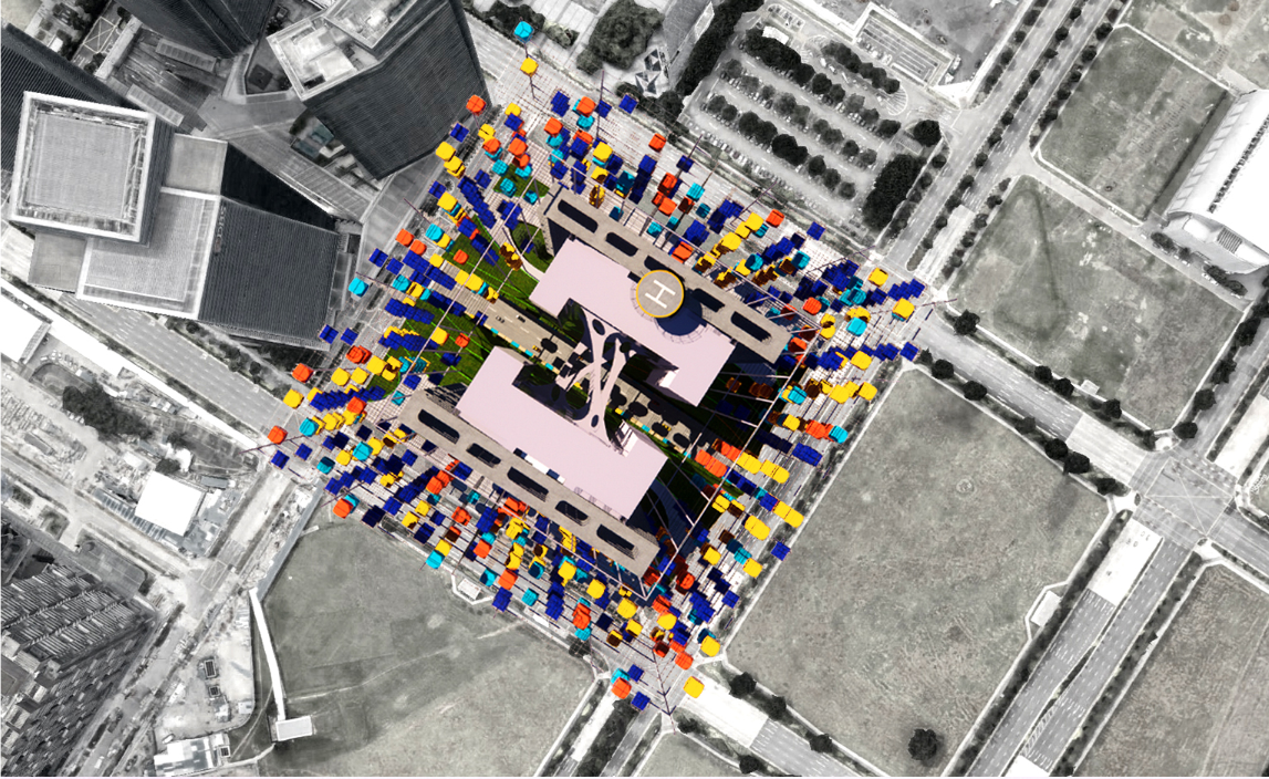 Aerial view showing the tower’s central street, shared platforms, and distributed modular homes.