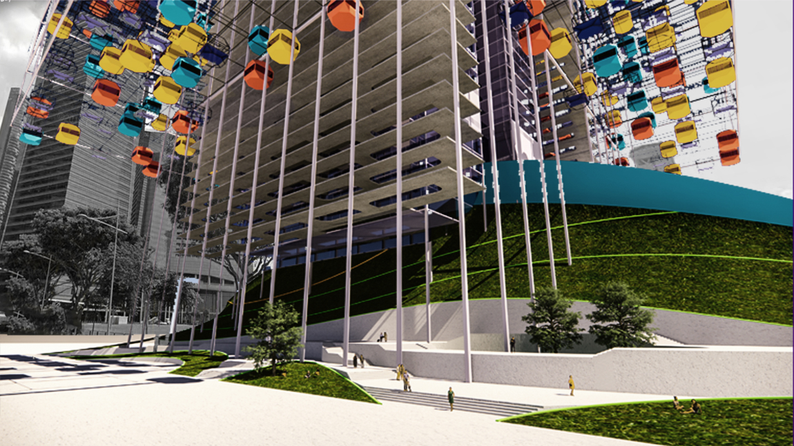 Landscaped public spaces activate the ground level beneath the suspended residential structure.