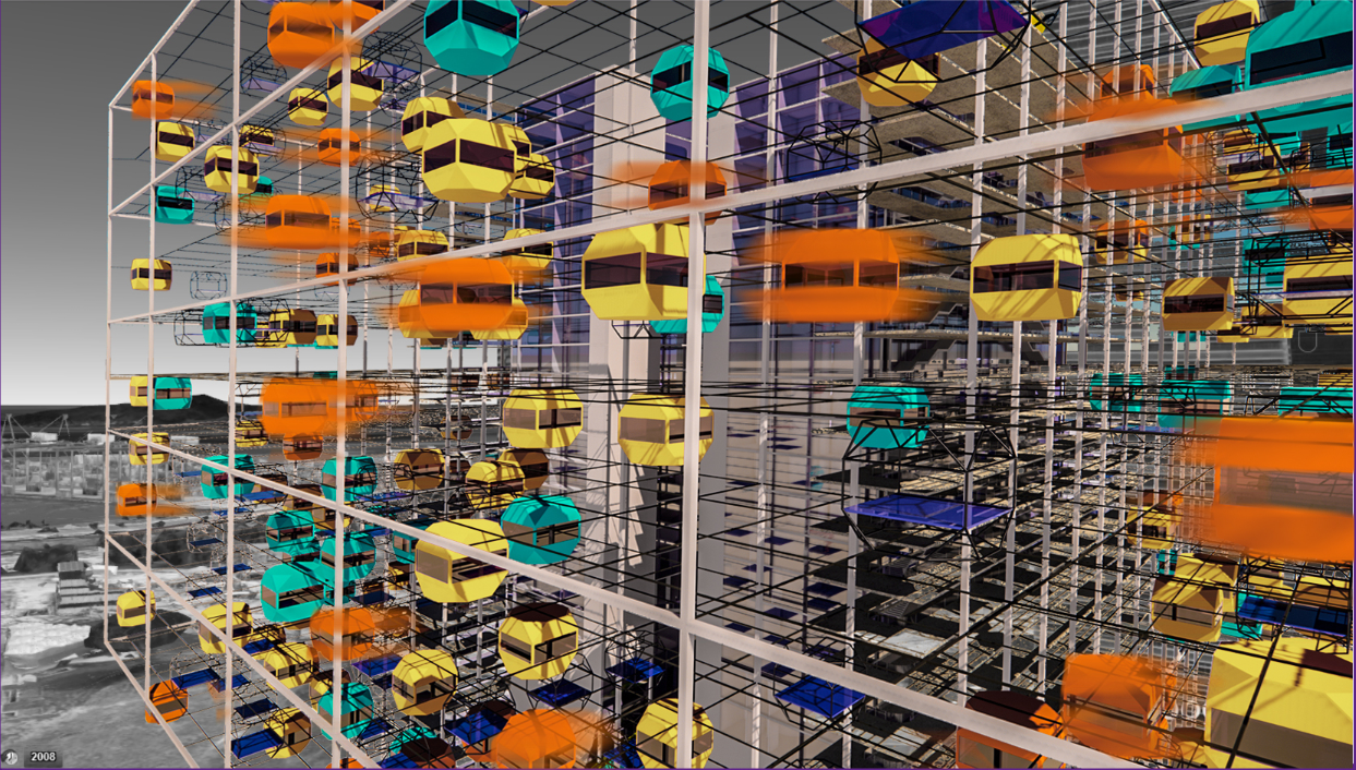 Colorful living pods move through the tower’s interconnected structural and cable network.