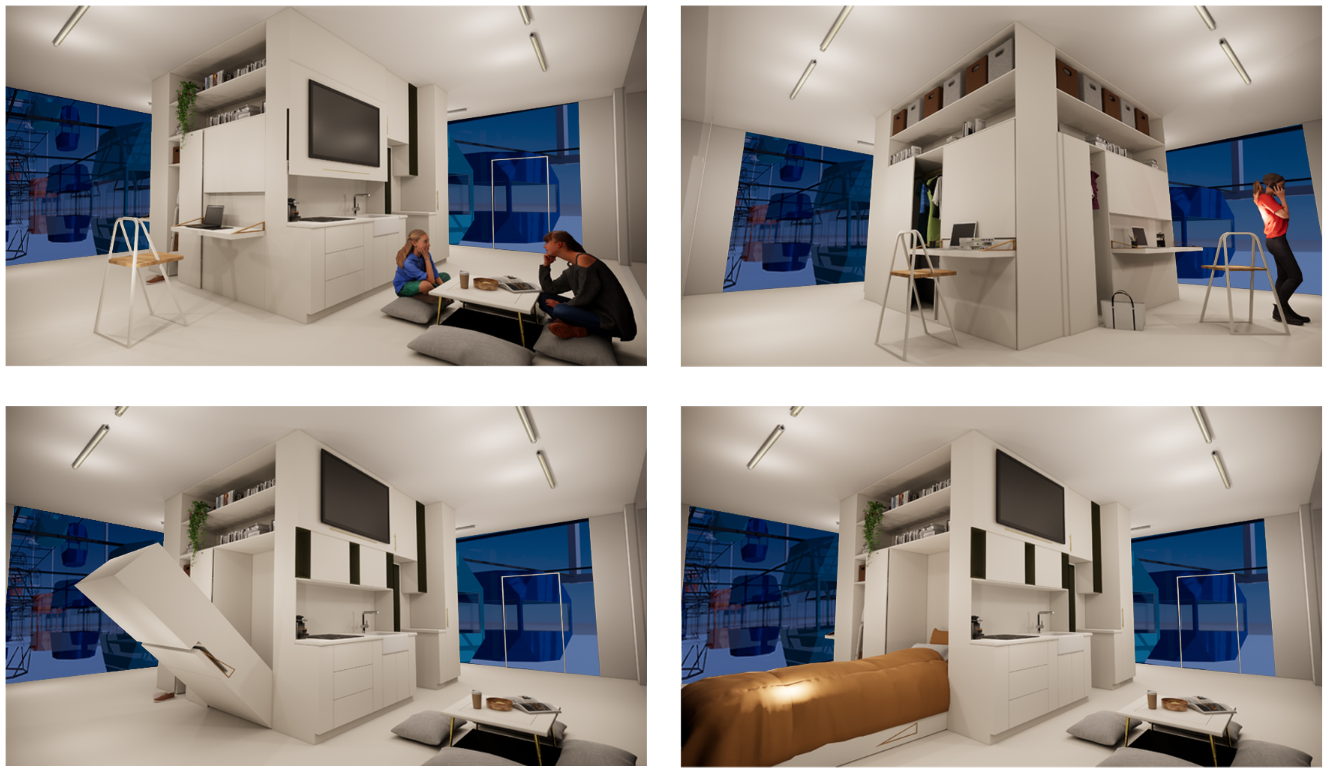 A transformable modular interior combines living, working, storage, and sleeping functions.