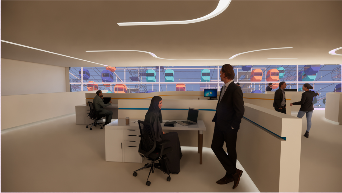Coworking spaces overlook the dynamic network of movable residential units.