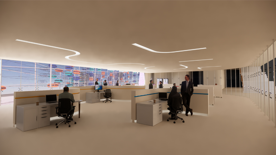 The open-plan workplace supports collaboration, flexibility, and shared professional activity.