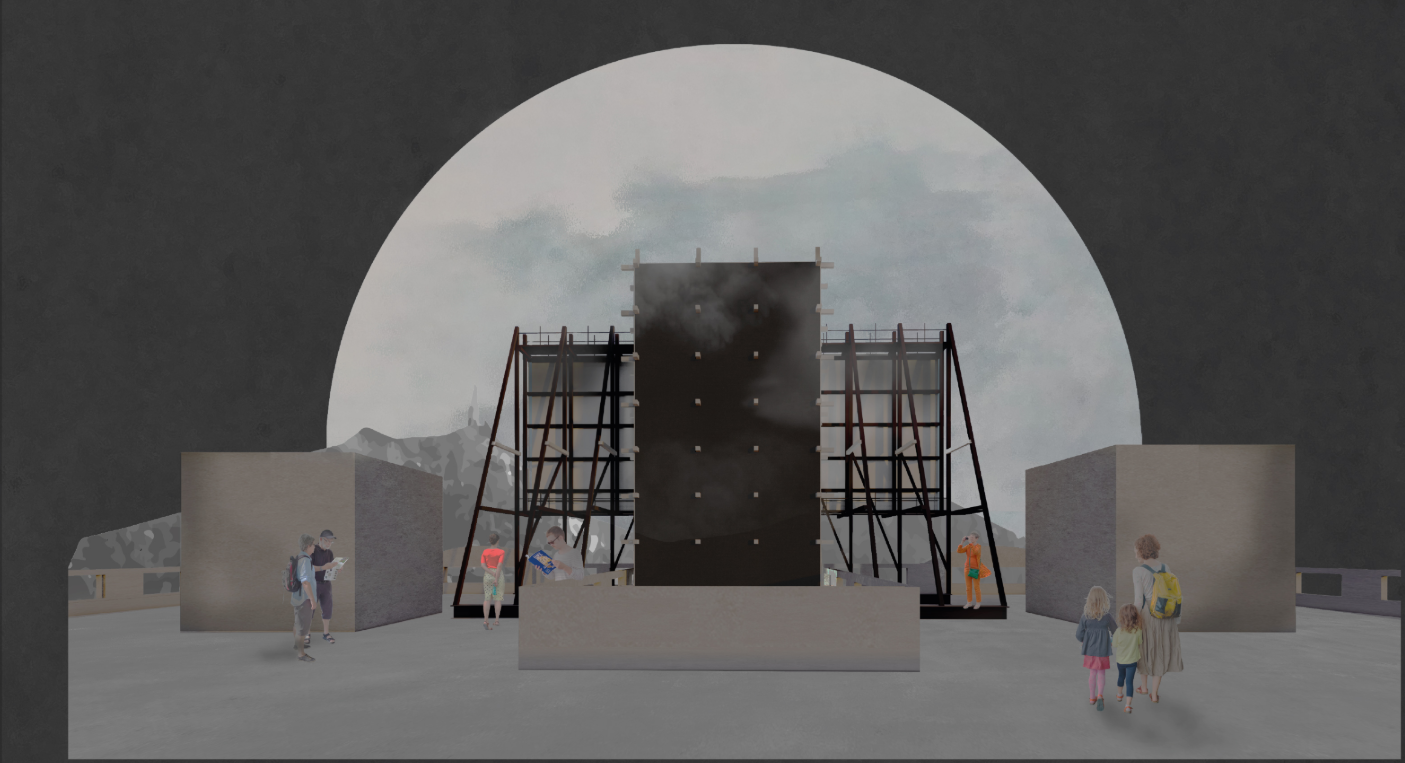 Rooftop view of the parasitic installation framing public movement and collective perception.
