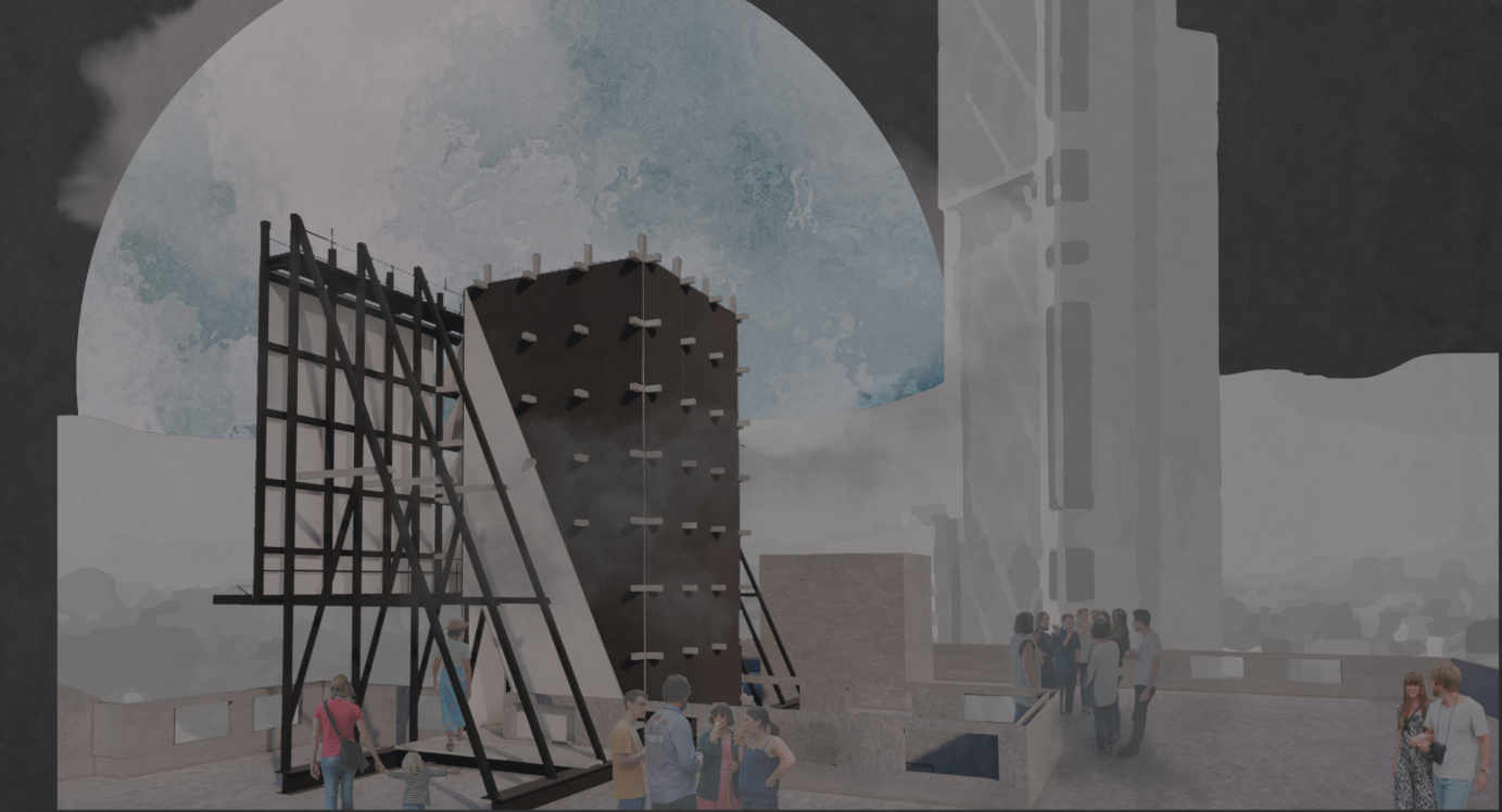 The scaffolded intervention transforms an overlooked rooftop into an active cultural gathering space.