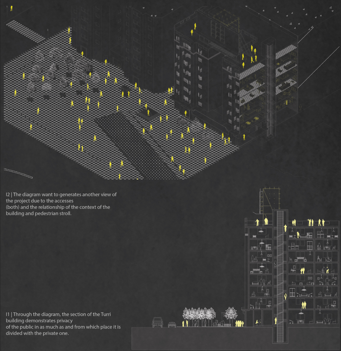 Axonometric and sectional studies illustrate access, circulation, and the project’s urban relationship.