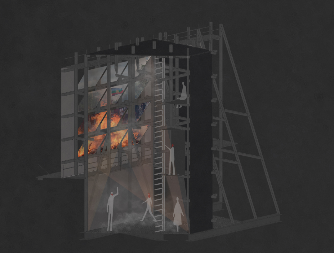 A flexible structural frame supports projections, exhibitions, performances, and immersive audiovisual experiences.