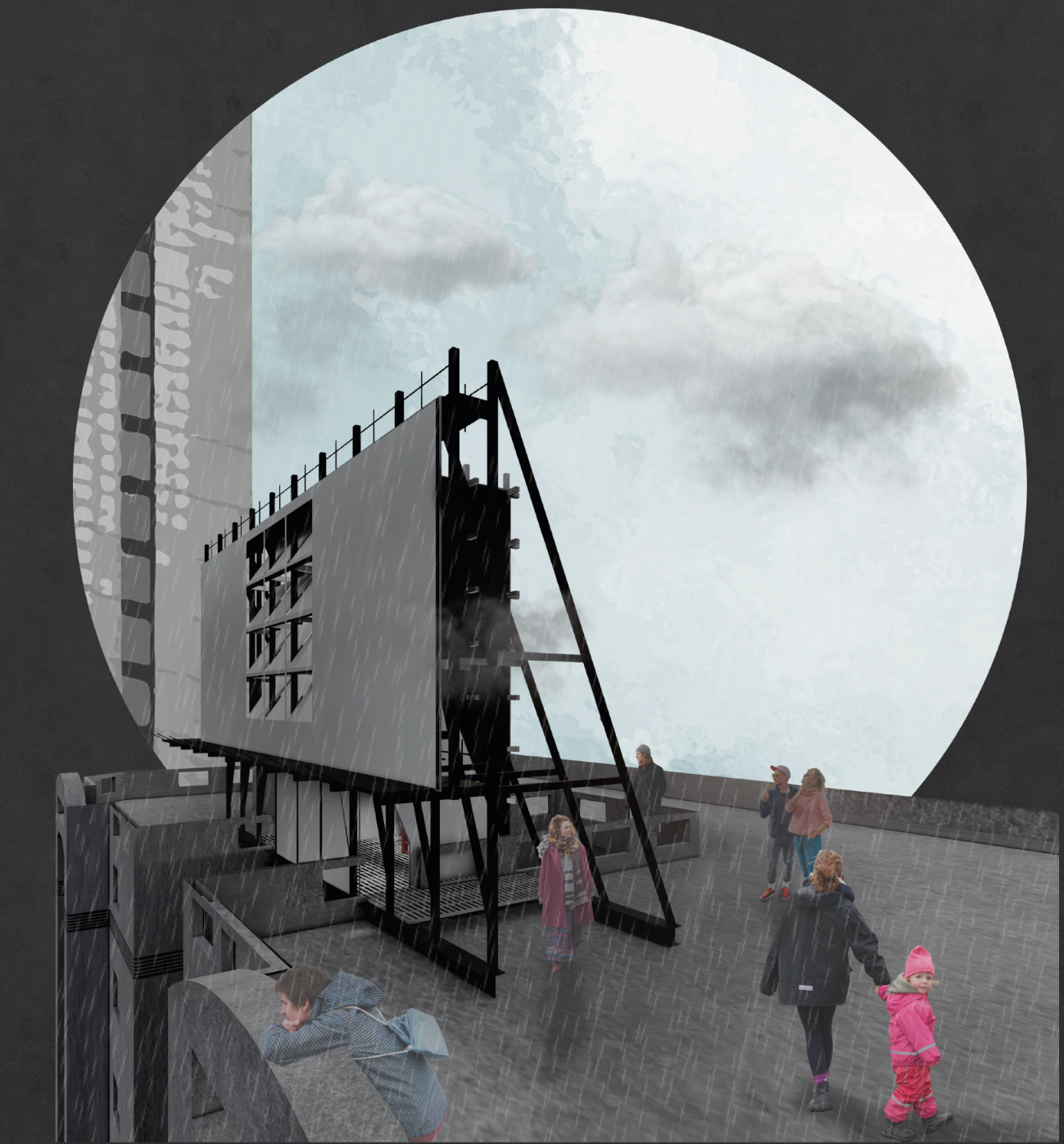 Atmospheric rain and mist reshape the installation as a constantly changing perceptual environment.