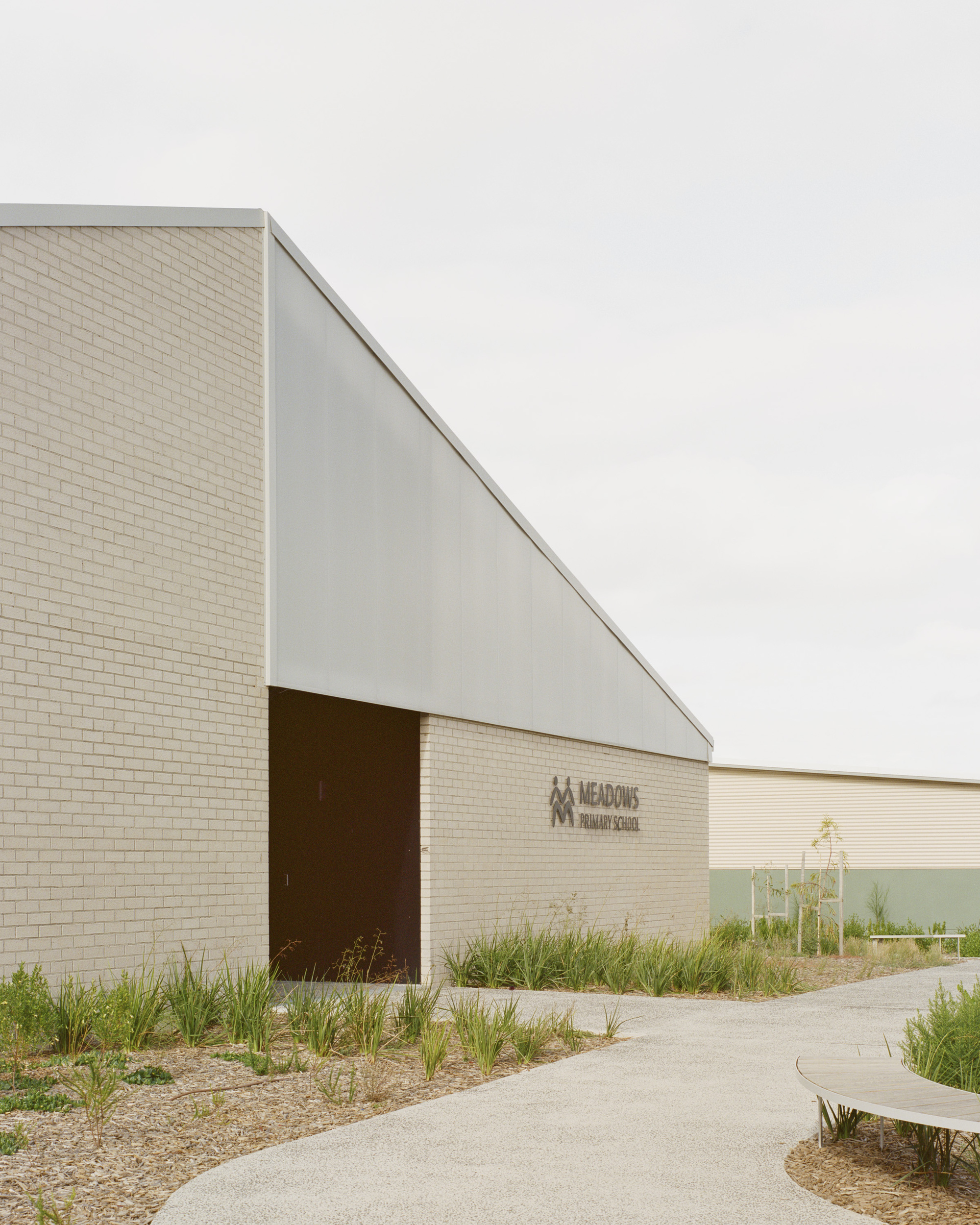 Approach path through planted grasses leading to the angled white render and cream brick entry