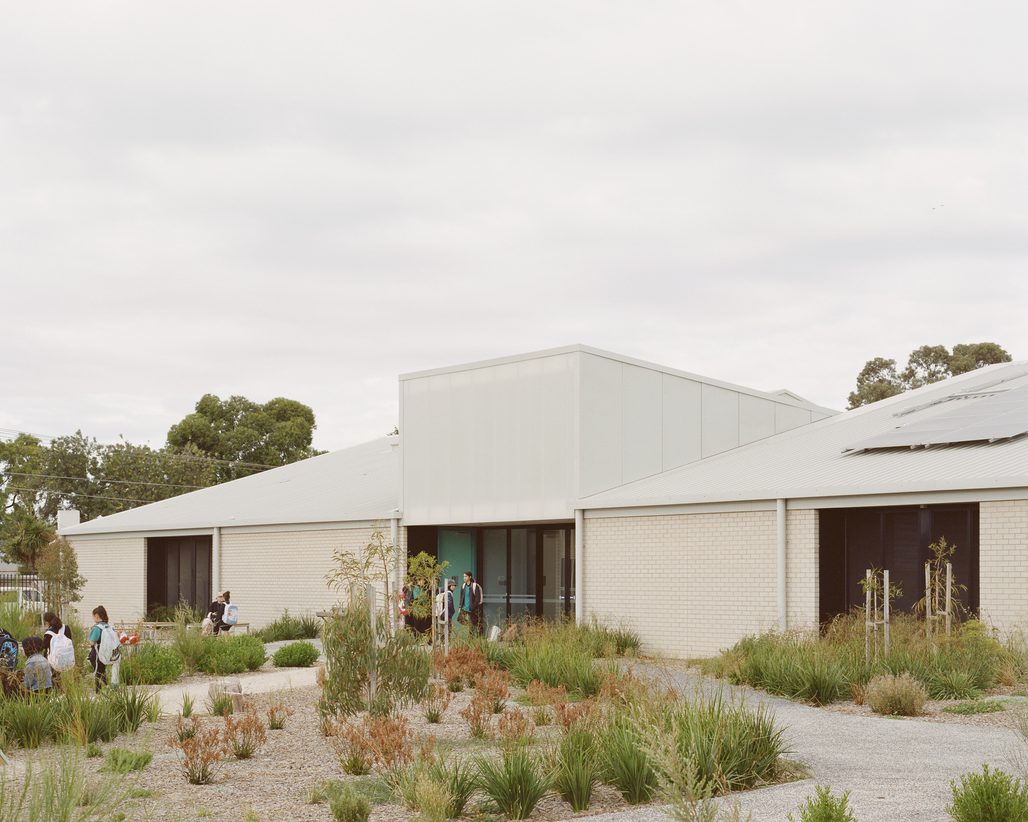 Entry courtyard with native grasses and children walking toward the pale brick and metal pavilions