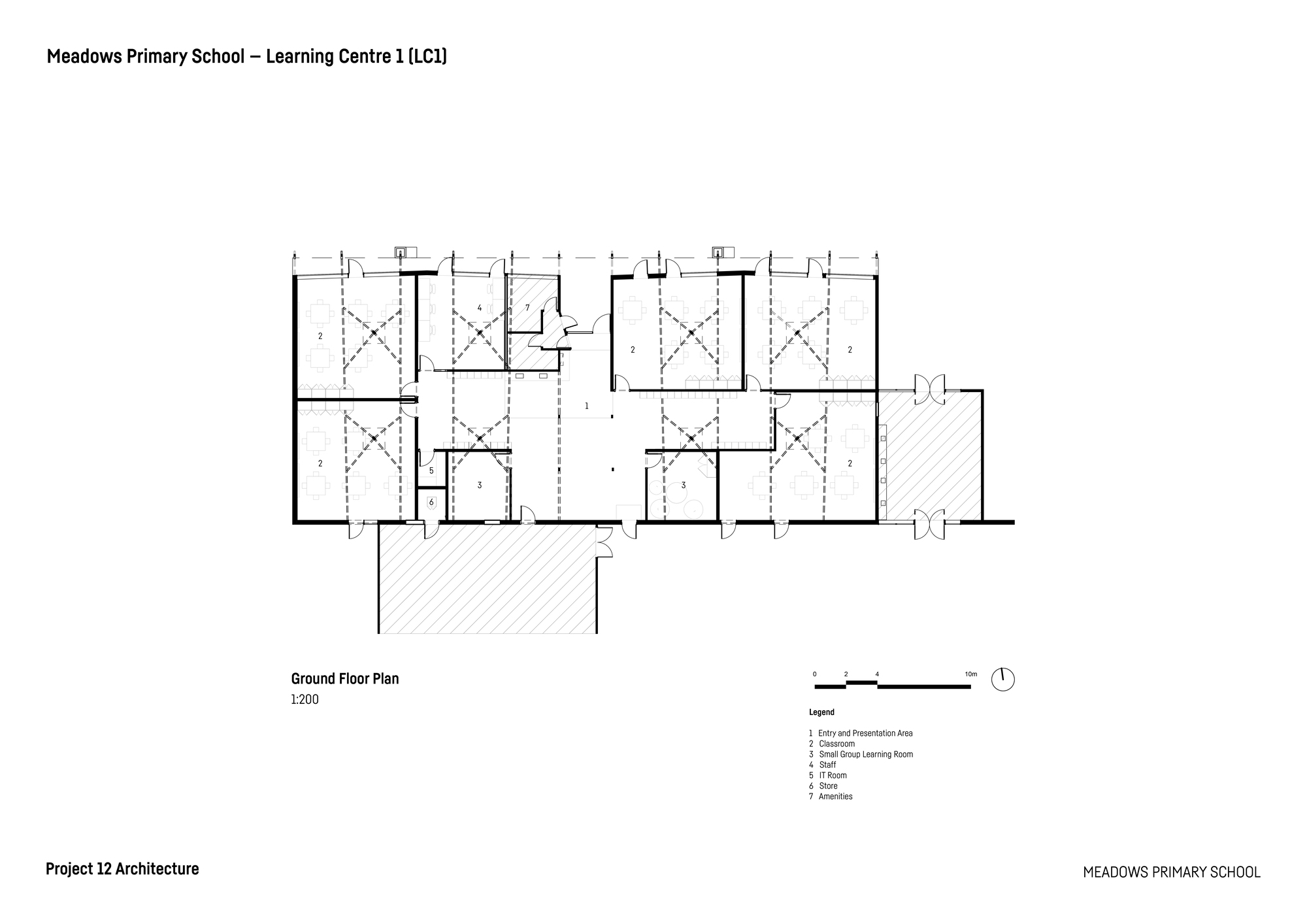 Ground floor plan drawing showing a linear arrangement of classrooms and central corridor