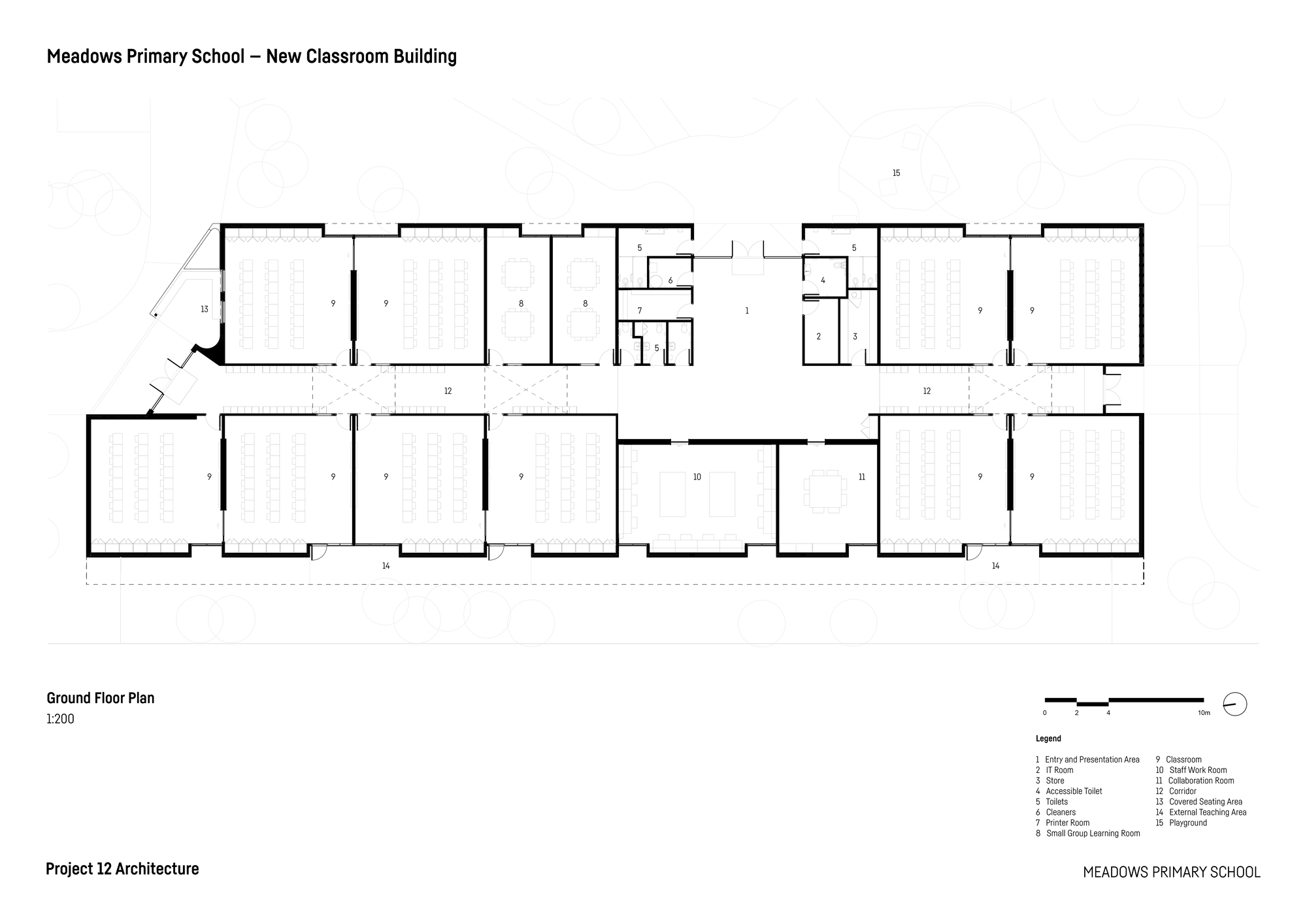 Ground floor plan drawing showing classroom wings arranged around a central circulation space