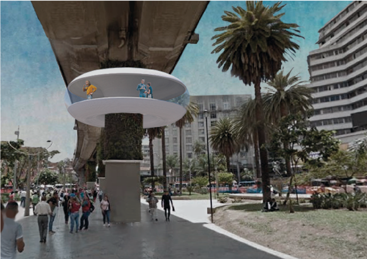 Despacio’s circular retreat rises around a metro pillar above Medellín’s active public realm.