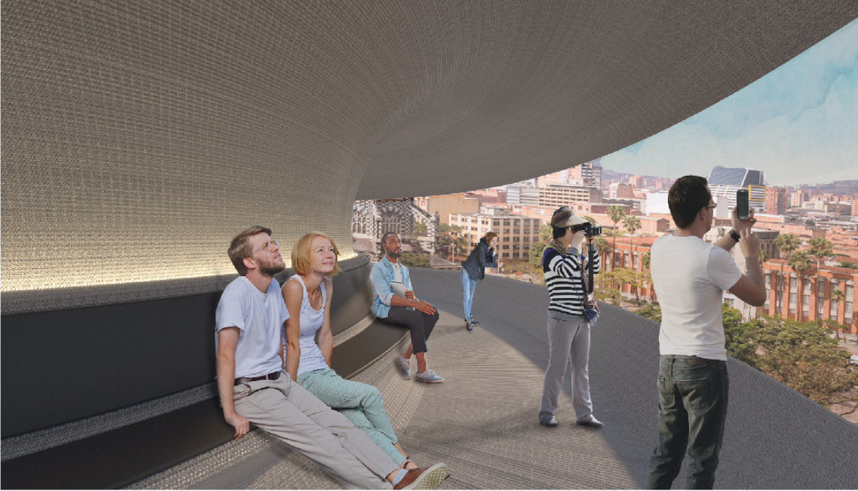 The elevated interior creates a quiet panoramic space for rest, reflection, and city observation.