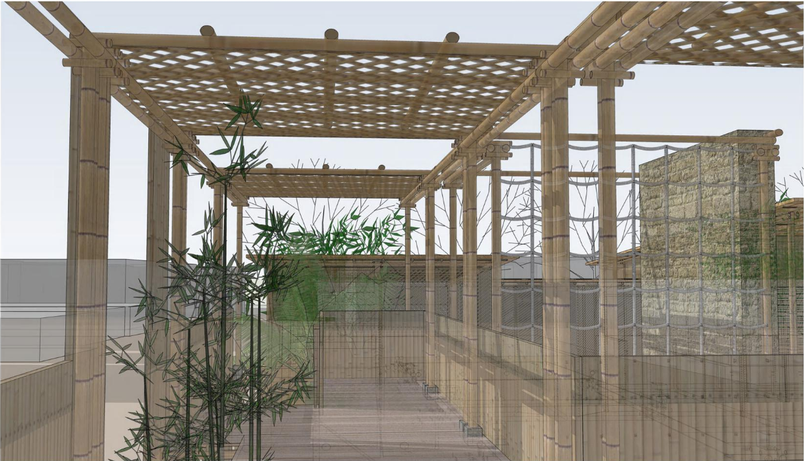 Bamboo walkway creates a shaded, breathable circulation spine through the modular playground.