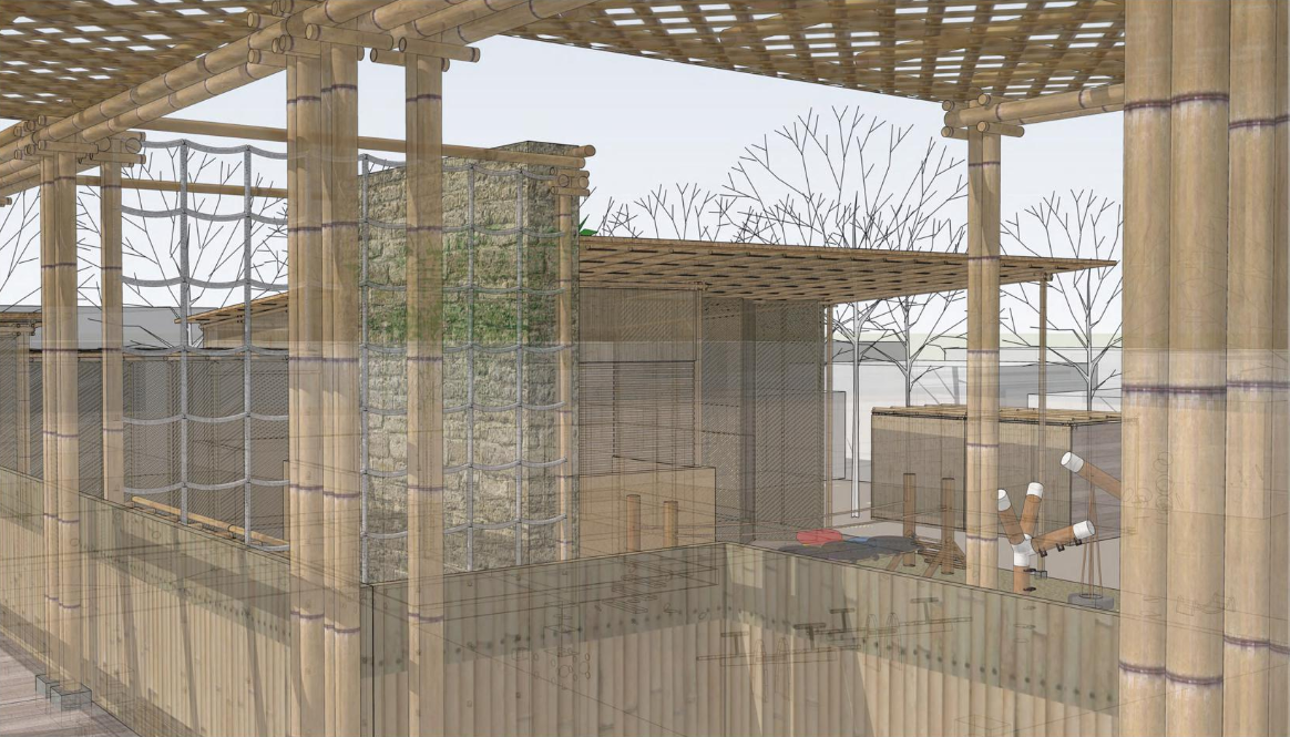 Layered bamboo screens and natural materials frame flexible spaces for learning and play.