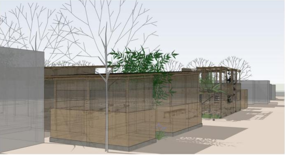 Street-facing modules use bamboo, earth walls, and vegetation to create a calm, human-scale edge.