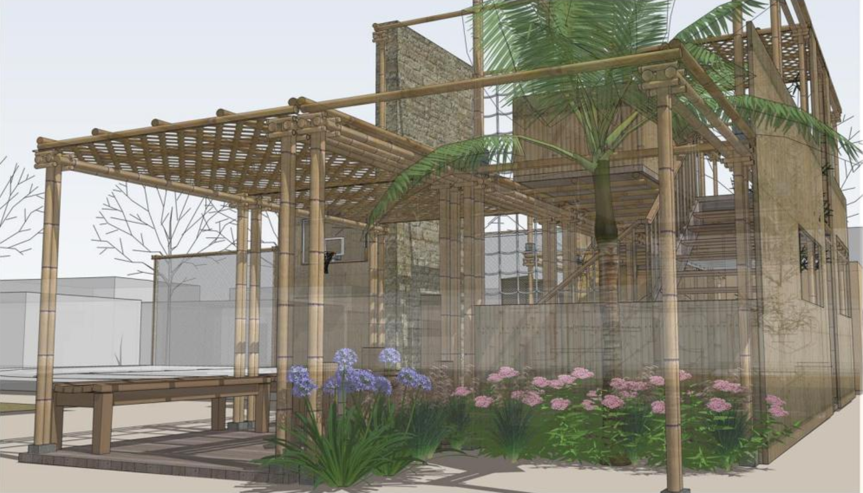 A landscaped entrance combines bamboo structure, shaded seating, and greenery to welcome children into the playground.